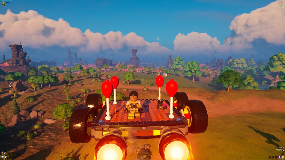 A Lego character is flying in a flying car in Lego Fortnite