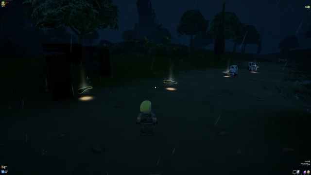 Lego Fortnite cows following a trial of food while the player character is observing