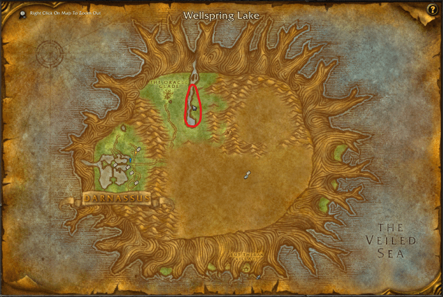 Map of Teldrassil in World of Warcraft with the spawn location of Blackmoss the Fetid circled in red