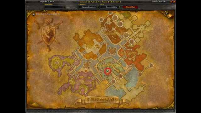 Map of Stormwind with the circled location of the supply officer