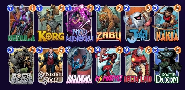 Marvel Snap deck consisting of Nebula, Korg, Nico MInoru, Zabu, Jeff the Baby Land Shark, Nakia, Rock Slide, Sebastian Shaw, Darkhawk, Ms. Marvel, Iron Lad and Doctor Doom.