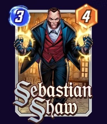 Sebastian Shaw card, showing his powers and wearing his coat and tie.