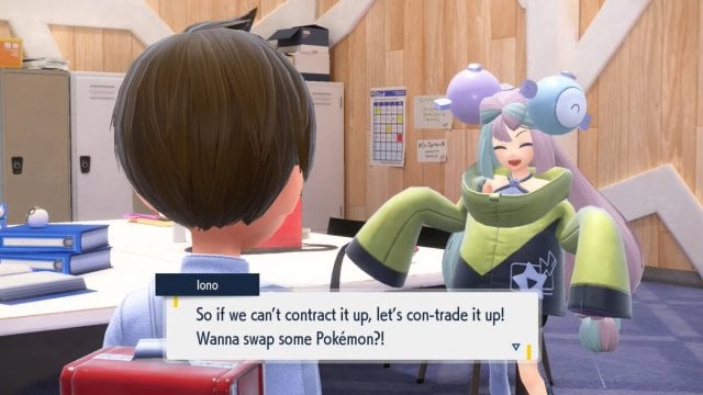 Conversation with Iono about trading Pokémon in Indigo Disk DLC