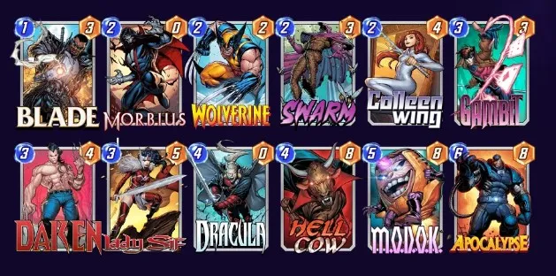 Marvel Snap deck consisting of Blade, Morbius, Wolverine, Swarm, Colleen Wing, Gambit, Daken, Lady Sif, Dracula, Hell Cow, MODOK, and Apocalypse.