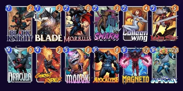 Marvel Snap deck consisting of Black Knight, Blade, Morbius, Swarm, Colleen Wing, Lady Sif, Dracula, Ghost Rider, MODOK, Apocalypse, Magneto, and The Infinaut.