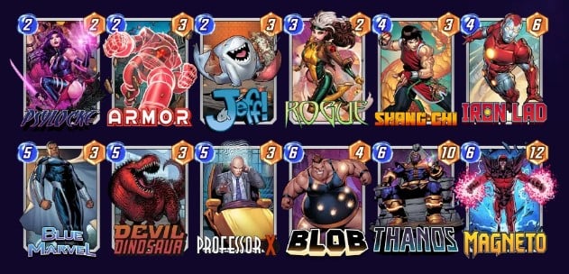 Marvel Snap deck consisting of Psylocke, Armor, Jeff, Rogue, Shang-Chi, Iron Lad, Blue Marvel, Devil Dinosaur, Professor X, Blob, Thanos, and Magneto.