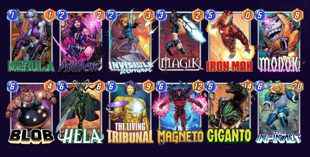 Marvel Snap deck consisting of Nebula, Psylocke, Invisible Woman, Magik, Iron Man, MODOK, Blob, Hela, The Living Tribunal, Magneto, Giganto, and The Infinaut.