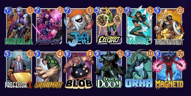 Marvel Snap deck consisting of Nebula, Psylocke, Jeff, Electro, Wave, Taskmaster, Professor X, Sandman, Blob, Doctor Doom, Orka, and Magneto.