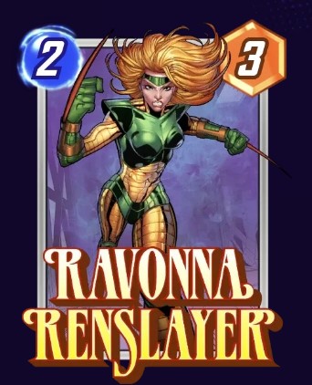 Ravonna Renslayer card, showing her green and yellow armor.