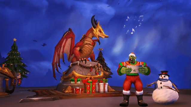 Orc and Dragon in Valdrakken during Winter Veil in WoW