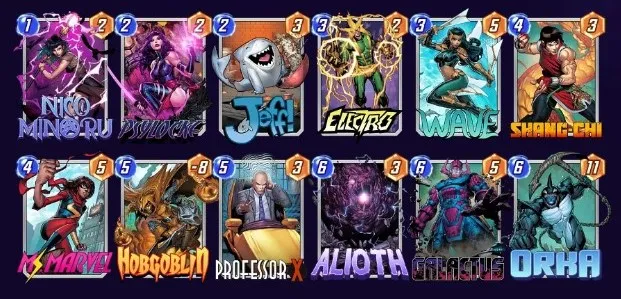 Marvel Snap deck consisting of Nico Minoru, Psylocke, Jeff, Electro, Wave, Shang-Chi, Ms. Marvel, Hobgoblin, Professor X, Alioth, Galactus, and Orka.