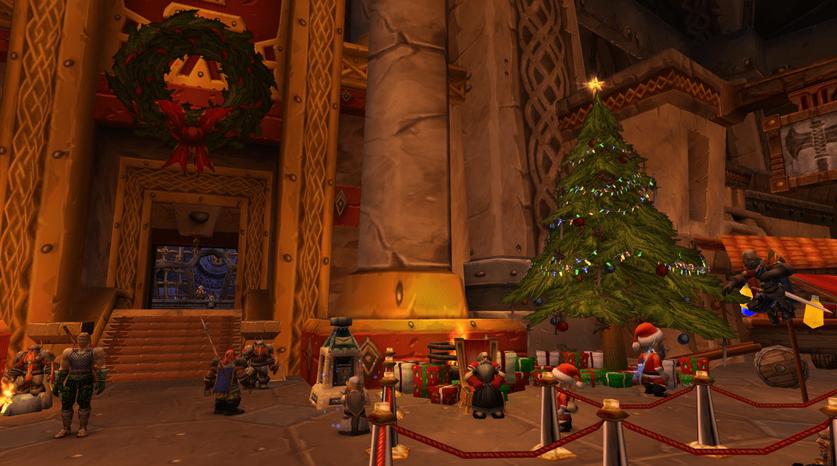 WoW Winter Veil in Ironforge. Greatfather Winter's tree can be seen in the middle of the frame