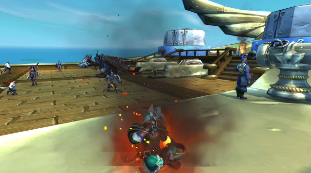 Wow player eats the Forbidden Flounder atop a skyship before a battleground