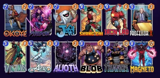 Marvel Snap deck consisting of Okoye, Psylocke, Jeff, Shang-Chi, Iron Lad, Professor X, Vision, Aero, Alioth, Blob, Thanos, and Magneto.