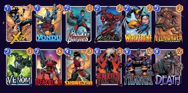 Marvel Snap deck consisting of X-23, Yondu, Bucky Barnes, Carnage, Wolverine, Killmonger, Venom, Deathlok, Shang-Chi, Knull, Thanos, and Death.