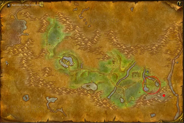 Map of Ashenvale in WoW Classic with the quest markers for It Must Be Destroyed outlined and circled in red