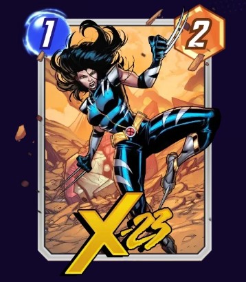 X-23 card, wearing her black outfit and showing her metal claws.