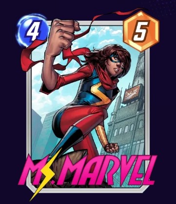 Ms. Marvel card, wearing her red costume while standing in a building.