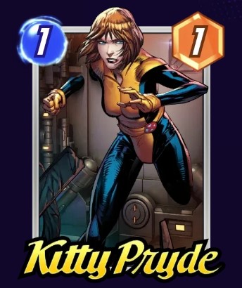 Kitty Pryde card, wearing her yellow costume while passing through walls.