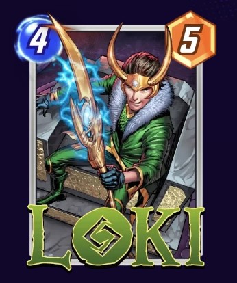 Loki card, wearing his green costume and holding his scepter.