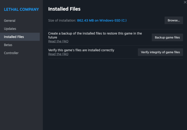 Screenshot of the "Installed Files" section of managing the properies for Lethal Company on Steam.