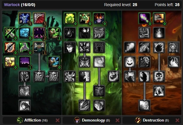A talent tree showing the best talent build for a PvP Warlock