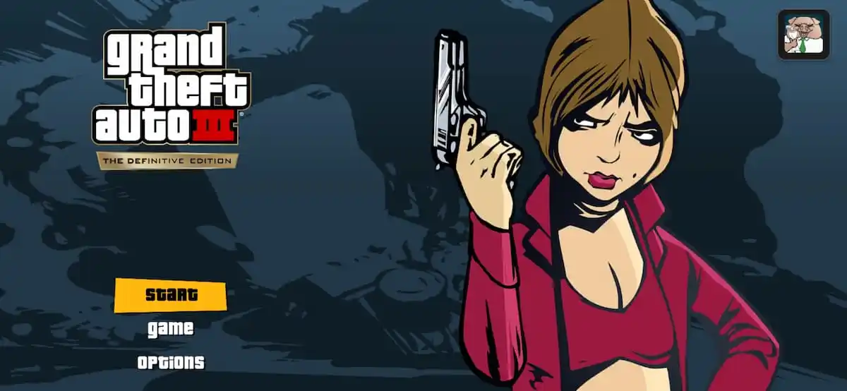 GTA 3 logo screen showing a woman holding a gun