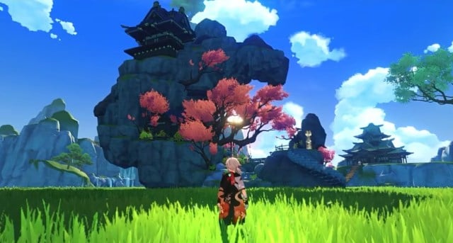 A character in a green field in front of a mansion.