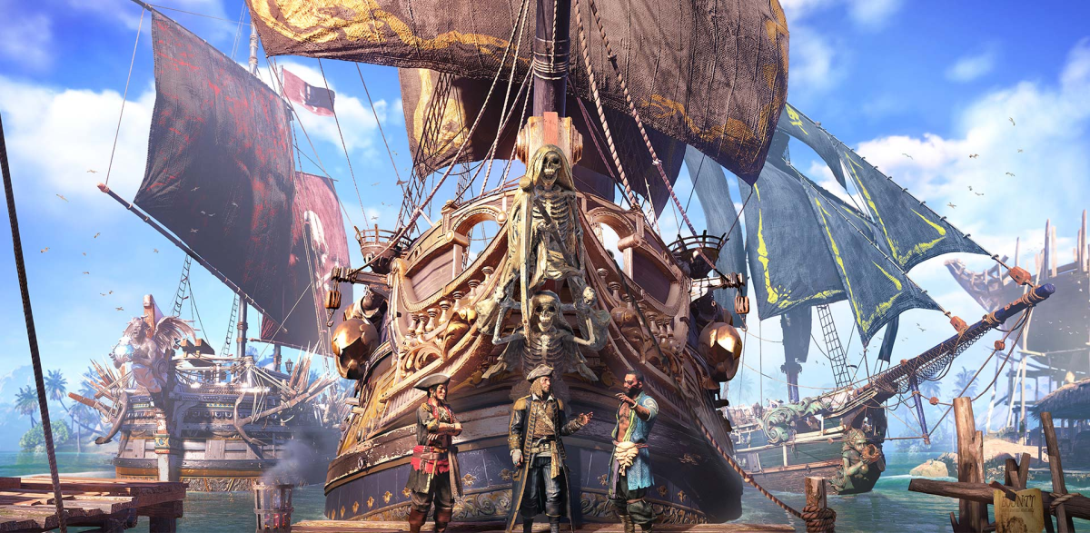 A ship with large sails out in the open water as another ship passes in the distance in Skull and Bones.