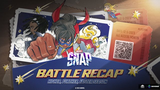 The Marvel Snap Battle Recap promotional art, featuring a ticket with multiple heroes depicted flying on it.