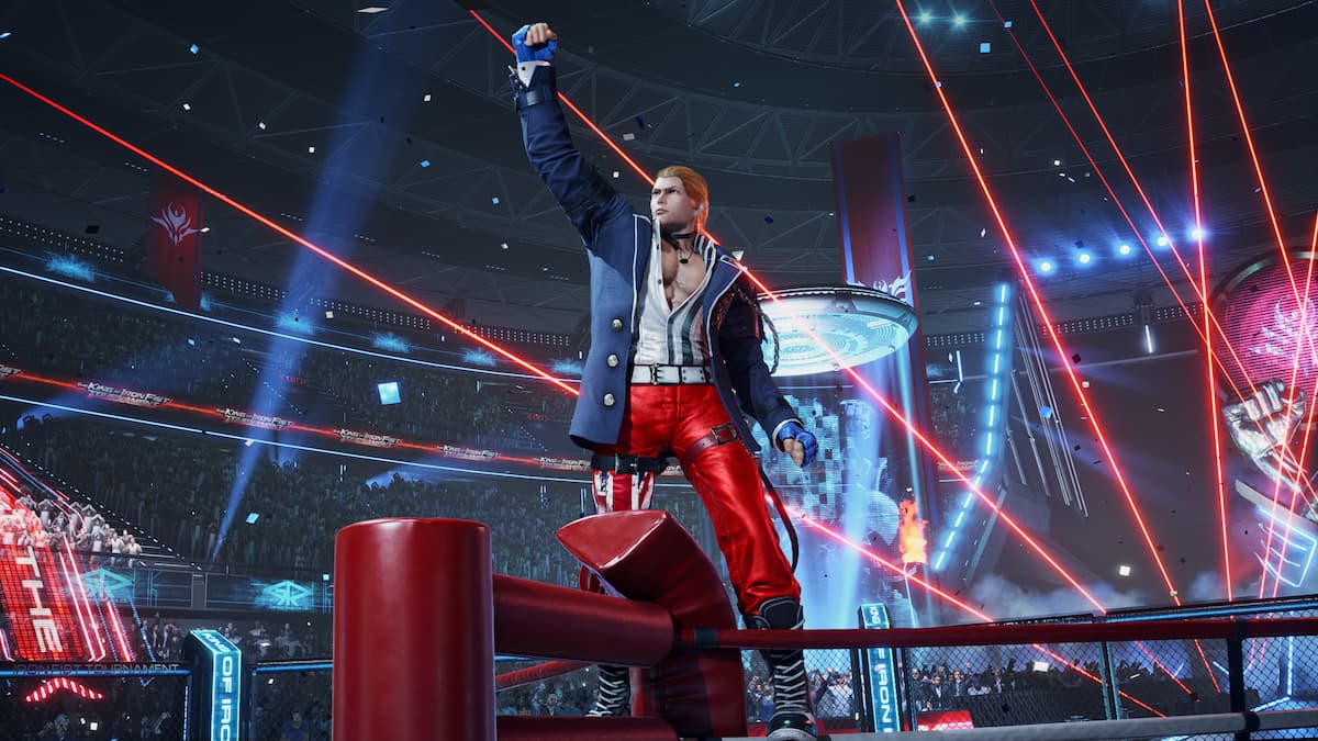 Steve celebrating a Tekken 8 victory in the boxing ring.