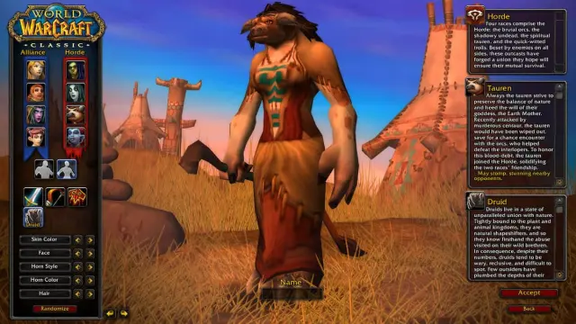 A Tauren Druid in the character creation screen