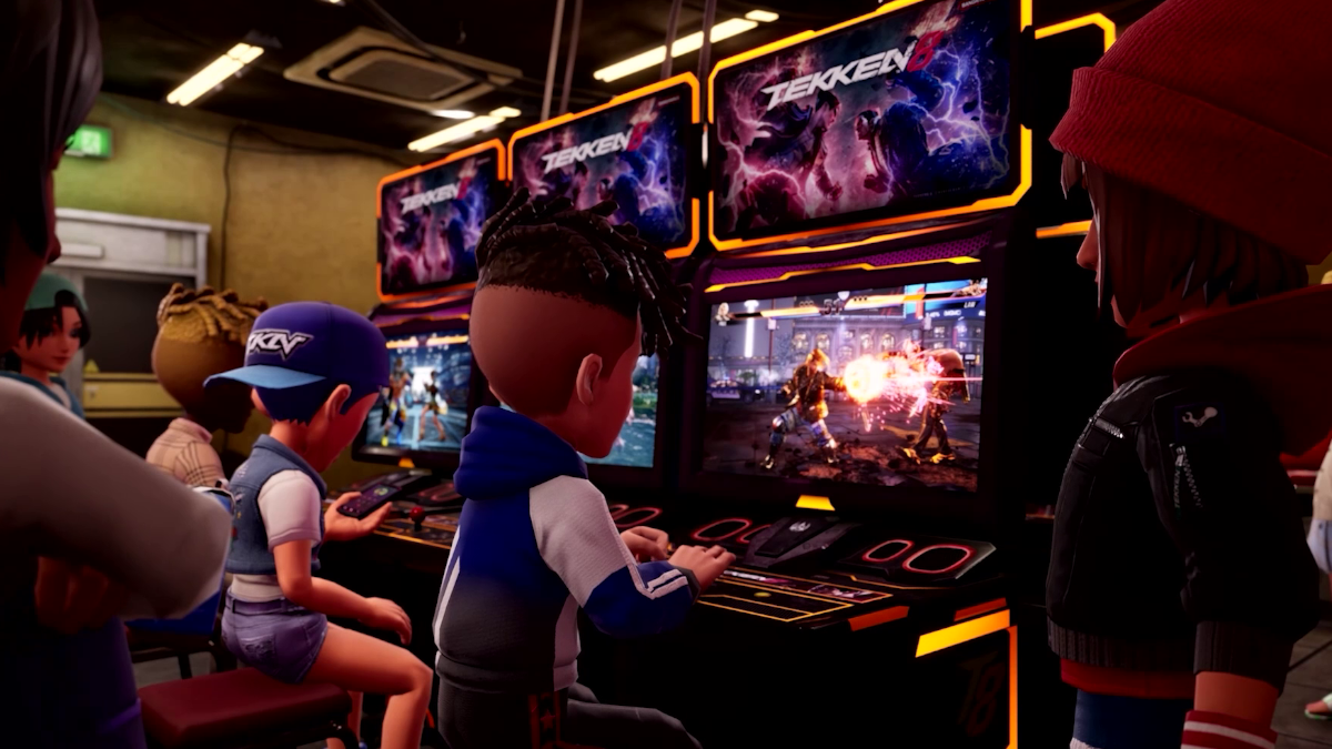Custom avatars playing Tekken 8 on virtual arcade cabinets.