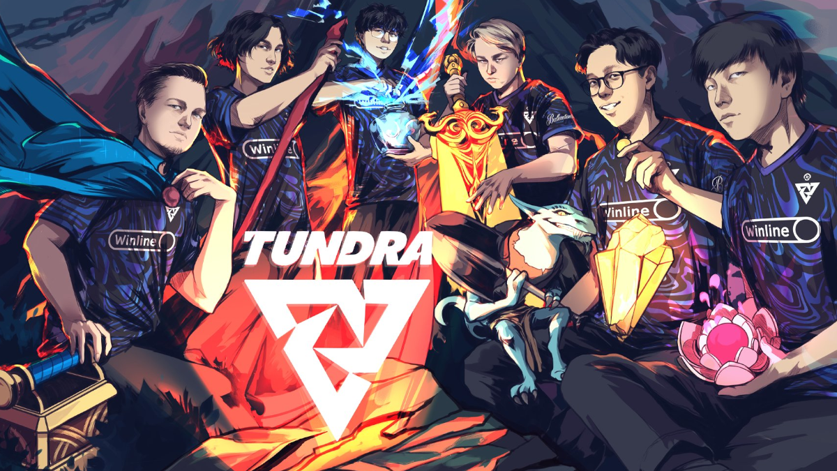 Tundra Esports' Dota 2 team illustrated around the team's logo.