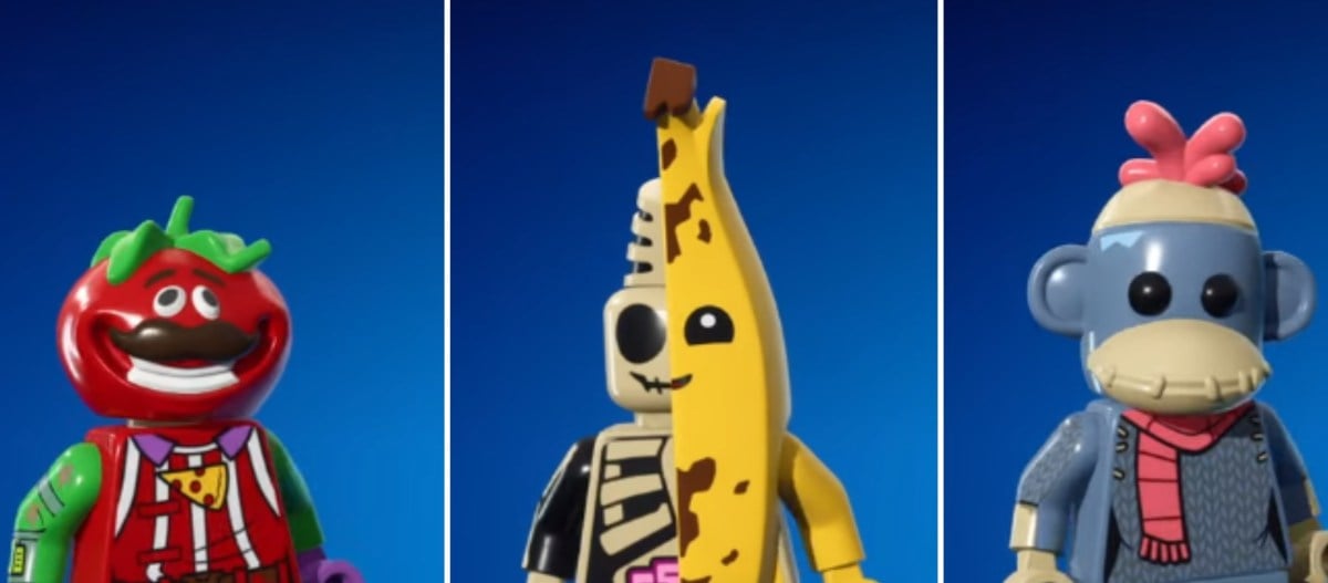 An image of the LEGO Tomatohead, Peely Bone, and Monks skins in Fortnite