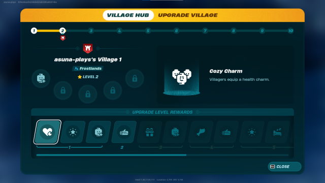 Village upgrade menu in LEGO Fortnite.