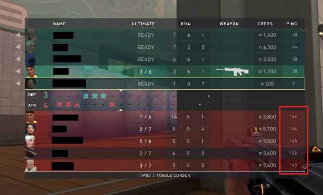 VALORANT in-game screen featuring some player with high ping