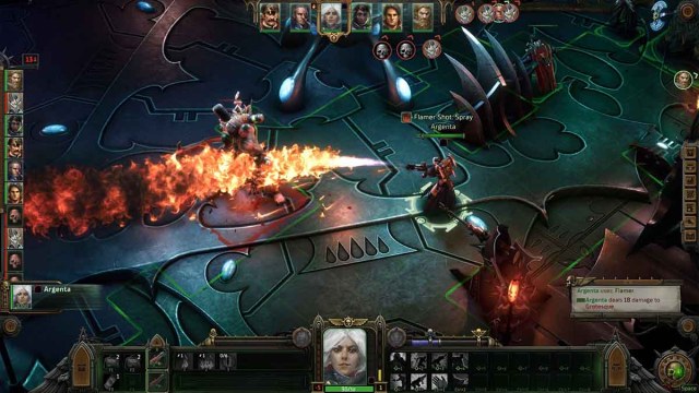 Warhammer 40k Rogue Trader top-down strategy gameplay with a flamethrower
