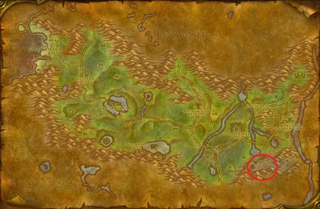 Map of Ashenvale, showing the exact location of Demon Fall Ridge.