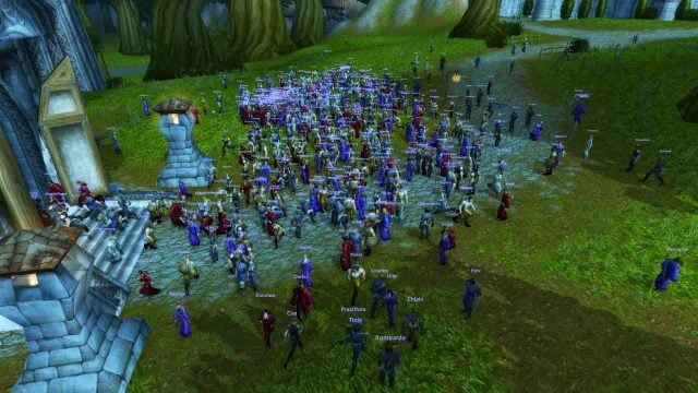 Hundreds of WoW players in Northshire Abbey at the launch of WoW Classic Season of Discovery