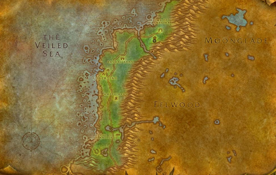 Image of the map in WoW SoD showing the Darkshore region.
