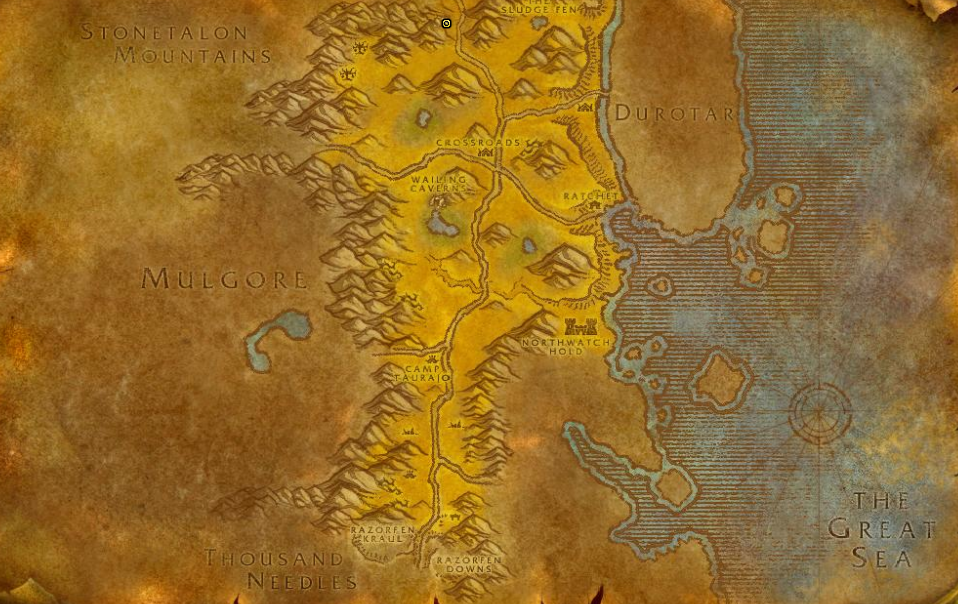 A map of The Barrens and The Great Sea in WoW Classic.