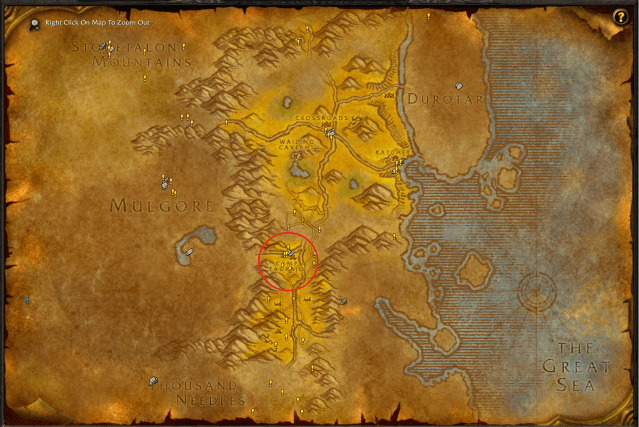 Map of Barrens showing spawn area of Azzere the Skyblade