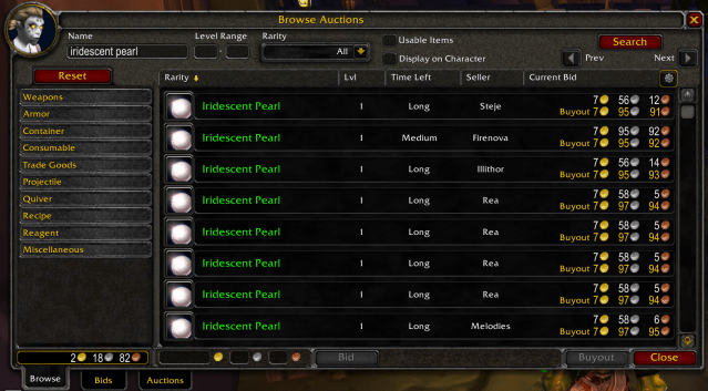 Iridescent Pearl in WoW's Auction House.