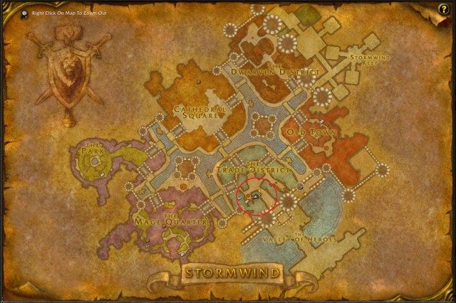 Map of Stormwind showing the exact location of reagent vendor
