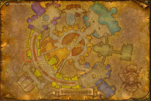 Map of Ironforge showing the exact location of reagent vendor in Ironforge