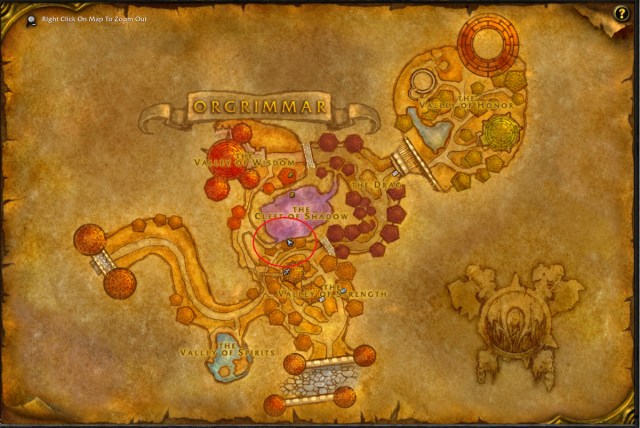 Map of Orgrimmar showing the location of reagent vendor.