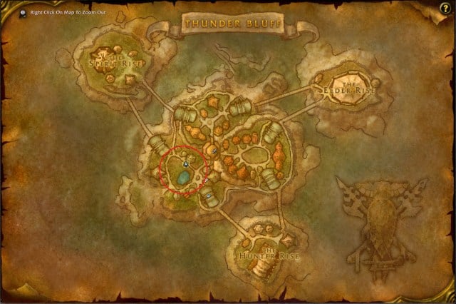 Map of Thunder Bluff showing the exact location of reagent vendor.