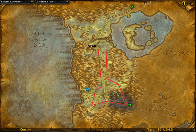 Map of Silverpine Forest showing the best farming route for Swiftthistle