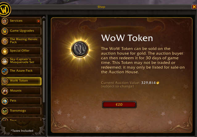 Checking the price of WoW Token in the game
